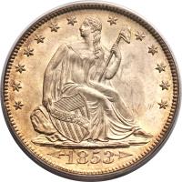 United States coin 1/2 Dollar - Seated Liberty Half Dollar; With date arrows; With rays around eagle (1853) obverse obverse of 1/2 Dollar - Seated Liberty Half Dollar; With date arrows; With rays around eagle (1853) coin with KM# 79 from United States. Inscription: LIBERTY 1853