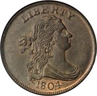 obverse of 1/2 Cent - Draped Bust Half Cent (1800 - 1808) coin with KM# 33 from United States. Inscription: LIBERTY 1804