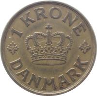 reverse of 1 Krone - Christian X (1924 - 1941) coin with KM# 824 from Denmark. Inscription: 1 KRONE DANMARK