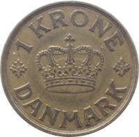 Denmark coin 1 Krone - Christian X (1924 - 1941) reverse reverse of 1 Krone - Christian X (1924 - 1941) coin with KM# 824 from Denmark. Inscription: 1 KRONE DANMARK