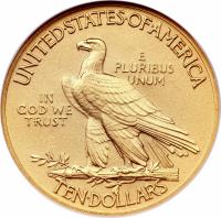 reverse of 10 Dollars - Indian Head Eagle; With motto (1908 - 1933) coin with KM# 130 from United States. Inscription: UNITED · STATES · OF · AMERICA E PLURIBUS UNUM IN GOD WE TRUST TEN · DOLLARS