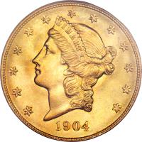 obverse of 20 Dollars - Liberty Head Double Eagle; With motto TWENTY DOLLARS (1877 - 1907) coin with KM# 74.3 from United States. Inscription: LIBERTY 1904