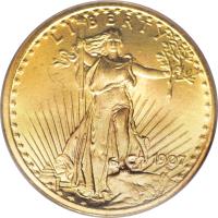 obverse of 20 Dollars - Saint-Gaudens Double Eagle; Arabic numerals (1907 - 1908) coin with KM# 127 from United States. Inscription: LIBERTY 1907