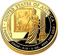 United States coin 10 Dollars - Dolley Madison - Bullion (2007) reverse reverse of 10 Dollars - Dolley Madison - Bullion (2007) coin with KM# 410 from United States. Inscription: · UNITED STATES OF AMERICA · E PLURIBUS UNUM · $10 · 1/2 Oz. .9999 FINE GOLD