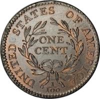 reverse of 1 Cent - Liberty Cap Cent (1793 - 1796) coin with KM# 13 from United States. Inscription: UNITED STATES OF AMERICA ONE CENT 1 100