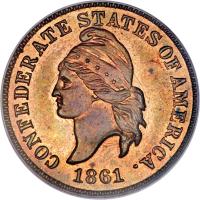 obverse of 1 Cent - Confederate States of America (1861) coin with KM# Pn1 from United States. Inscription: CONFEDERATE STATES OF AMERICA. 1861