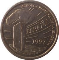obverse of 5 Pesetas - Juan Carlos I - Islas Baleares (1997) coin with KM# 981 from Spain. Inscription: MENORCA RESERVA DE LA BIOSFERA ESPAÑA 1997