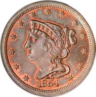 obverse of 1/2 Cent - Braided Hair Half Cent (1840 - 1857) coin with KM# 70 from United States. Inscription: LIBERTY 1854