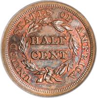 reverse of 1/2 Cent - Braided Hair Half Cent (1840 - 1857) coin with KM# 70 from United States. Inscription: UNITED STATES OF AMERICA HALF CENT