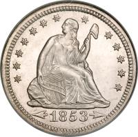 United States coin 1/4 Dollar - Seated Liberty Quarter; Without motto; With rays and date arrows (1853) obverse obverse of 1/4 Dollar - Seated Liberty Quarter; Without motto; With rays and date arrows (1853) coin with KM# 78 from United States. Inscription: LIBERTY 1853