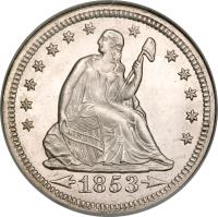 obverse of 1/4 Dollar - Seated Liberty Quarter; Without motto; With rays and date arrows (1853) coin with KM# 78 from United States. Inscription: LIBERTY 1853