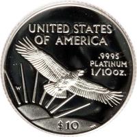reverse of 10 Dollars - American Platinum Eagle Bullion (1997 - 2009) coin with KM# 283 from United States. Inscription: UNITED STATES OF AMERICA .9995 PLATINUM 1/10 OZ. W $10 TDR
