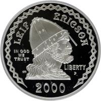 obverse of 1 Dollar - Leif Ericson (2000) coin with KM# 313 from United States. Inscription: LEIF	ERICSON IN GOD WE TRUST LIBERTY JM P 2000