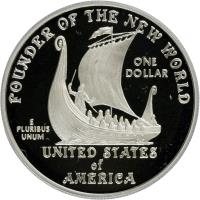United States coin 1 Dollar - Leif Ericson (2000) reverse reverse of 1 Dollar - Leif Ericson (2000) coin with KM# 313 from United States. Inscription: FOUNDER OF THE NEW WORLD ONE DOLLAR E PLURIBUS UNUM UNITED STATES OF AMERICA
