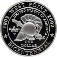 United States coin 1 Dollar - West Point Bicentennial (2002) reverse reverse of 1 Dollar - West Point Bicentennial (2002) coin with KM# 338 from United States. Inscription: 1802 WEST POINT 2002 UNITED STATES OF AMERICA E PLURIBUS UNUM W JM ONE DOLLAR * BICENTENNIAL *