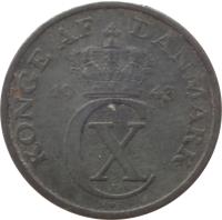 obverse of 2 Øre - Christian X (1942 - 1947) coin with KM# 833a from Denmark. Inscription: KONGE AF DANMARK 19 43