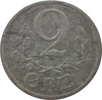 reverse of 2 Øre - Christian X (1942 - 1947) coin with KM# 833a from Denmark. Inscription: 2 ØRE