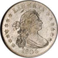 obverse of 1/4 Dollar - Draped Bust Quarter (1804 - 1807) coin with KM# 36 from United States. Inscription: LIBERTY 1806