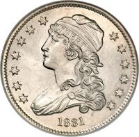 obverse of 1/4 Dollar - Liberty Cap Quarter; Without motto (1831 - 1838) coin with KM# 55 from United States. Inscription: LIBERTY 1831