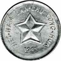 obverse of 20 Xu (1945) coin with KM# 1 from Vietnam. Inscription: VIET NAM DAN-CHU CONG HOA 1945