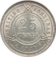 reverse of 25 Cents - George V (1911 - 1919) coin with KM# 17 from Belize. Inscription: BRITISH HONDURAS 25 CENTS · 1911 ·