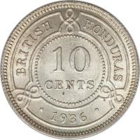 Belize coin 10 Cents - George V (1918 - 1936) reverse reverse of 10 Cents - George V (1918 - 1936) coin with KM# 20 from Belize. Inscription: BRITISH HONDURAS 10 CENTS · 1936 ·