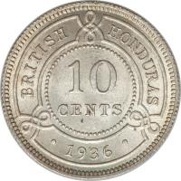 reverse of 10 Cents - George V (1918 - 1936) coin with KM# 20 from Belize. Inscription: BRITISH HONDURAS 10 CENTS · 1936 ·