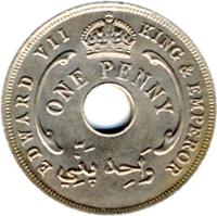 obverse of 1 Penny - Edward VII (1907 - 1910) coin with KM# 2 from British West Africa. Inscription: EDWARD VII KING & EMPEROR ONE PENNY