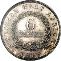British West Africa coin 6 Pence - George V (1913 - 1919) reverse reverse of 6 Pence - George V (1913 - 1919) coin with KM# 11 from British West Africa. Inscription: BRITISH WEST AFRICA 6 PENCE 1918