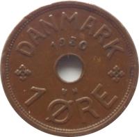 reverse of 1 Øre - Christian X (1926 - 1940) coin with KM# 826 from Denmark. Inscription: DANMARK 1930 1 ØRE