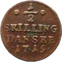 Denmark coin 1/2 Skilling Danske - Frederik IV (1719) reverse reverse of 1/2 Skilling Danske - Frederik IV (1719) coin with KM# 512 from Denmark. Inscription: ½ SKILLING DANSKE 1719.