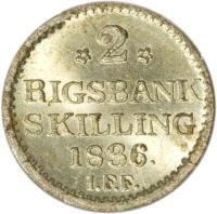 reverse of 2 Rigsbankskilling - Frederik VI (1836) coin with KM# 710 from Denmark. Inscription: *2* RIGSBANK SKILLING 1836. I.F.F.