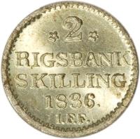 Denmark coin 2 Rigsbankskilling - Frederik VI (1836) reverse reverse of 2 Rigsbankskilling - Frederik VI (1836) coin with KM# 710 from Denmark. Inscription: *2* RIGSBANK SKILLING 1836. I.F.F.