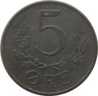 reverse of 5 Øre - Christian X (1942 - 1945) coin with KM# 834a from Denmark. Inscription: 5 ØRE