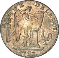 obverse of 6 Livres (1793) coin with KM# 624 from France. Inscription: REGNE DE LA LOI. CONSTI- TUTION Dupré 1793.