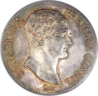 France coin 5 Francs - Napoleon I (1802) obverse obverse of 5 Francs - Napoleon I (1802) coin with KM# 650 from France. Inscription: BONAPARTE PREMIER CONSUL. Tiolier