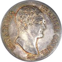 obverse of 5 Francs - Napoleon I (1802) coin with KM# 650 from France. Inscription: BONAPARTE PREMIER CONSUL. Tiolier