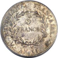 reverse of 5 Francs - Napoleon I (1802) coin with KM# 650 from France. Inscription: REPUBLIQUE FRANÇAISE. 5 FRANCS · . . AN XI. .A.