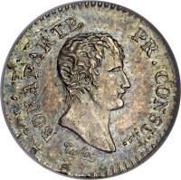 obverse of 1/4 Franc - Napoleon I (1803) coin with KM# 653 from France. Inscription: BONAPARTE PR. CONSUL.