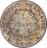 France coin 1 Franc - Napoleon I (1802 - 1803) reverse reverse of 1 Franc - Napoleon I (1802 - 1803) coin with KM# 649 from France. Inscription: RÉPUBLIQUE FRANÇAISE. 1 FRANC. . . AN 12. .A.