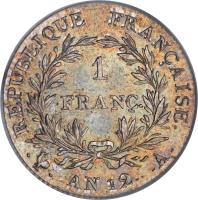 reverse of 1 Franc - Napoleon I (1802 - 1803) coin with KM# 649 from France. Inscription: RÉPUBLIQUE FRANÇAISE. 1 FRANC. . . AN 12. .A.