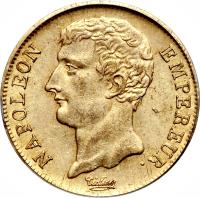 obverse of 20 Francs - Napoleon I (1802 - 1803) coin with KM# 661 from France. Inscription: NAPOLEON EMPEREUR.