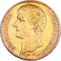 obverse of 40 Francs - Napoleon I (1802 - 1803) coin with KM# 652 from France. Inscription: BONAPARTE PREMIER CONSUL.