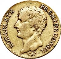 obverse of 20 Francs - Napoleon I (1802 - 1803) coin with KM# 651 from France. Inscription: BONAPARTE PREMIER CONSUL · Tiolier