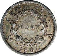 reverse of 1/4 Franc - Napoleon I (1807 - 1808) coin with KM# 678 from France. Inscription: REP. FRA. QUART 1807. A.