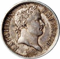 obverse of 1/4 Franc - Napoleon I (1809) coin with KM# 690 from France. Inscription: NAPOLEON EMPEREUR.