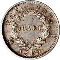 reverse of 1/4 Franc - Napoleon I (1809) coin with KM# 690 from France. Inscription: EMP. FRA. QUART 1809. A.