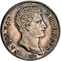 obverse of 1 Franc - Napoleon I (1806 - 1807) coin with KM# 672 from France. Inscription: NAPOLEON EMPEREUR.