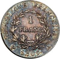 reverse of 1 Franc - Napoleon I (1806 - 1807) coin with KM# 672 from France. Inscription: RÉPUBLIQUE FRANÇAISE 1 FRANC. 1807. A
