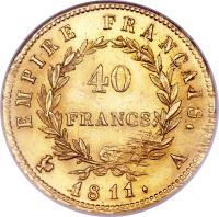 France coin 40 Francs - Napoleon I (1809 - 1813) reverse reverse of 40 Francs - Napoleon I (1809 - 1813) coin with KM# 696 from France. Inscription: EMPIRE FRANÇAIS. 40 FRANCS. 1812. A